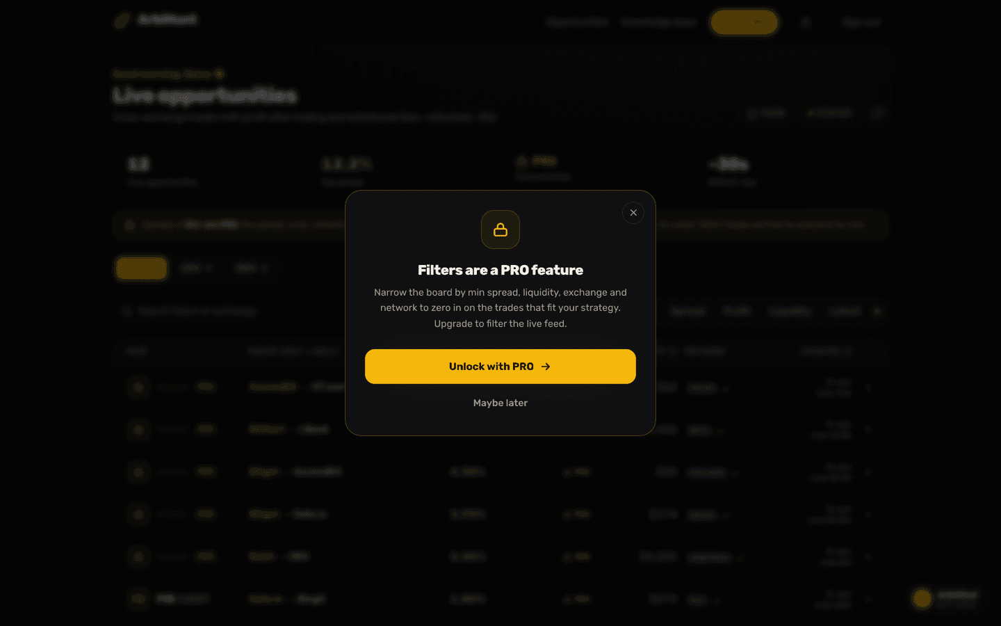 A modal over a blurred dashboard reading 'Filters are a PRO feature', with the line 'Narrow the board by min spread, liquidity, exchange and network to zero in on the trades that fit your strategy', a gold 'Unlock with PRO' button and a 'Maybe later' link.
